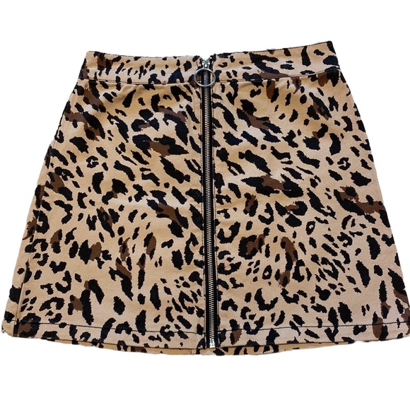 - F21 Leopard Print Denim Zip Up Mini Skirt - Picture 1 of 10